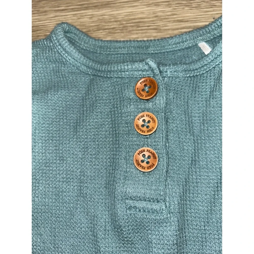 Posh Peanut 2T Blue Waffle Knit Long Sleeve Bodysuit Dress Henley Thermal Snaps‎